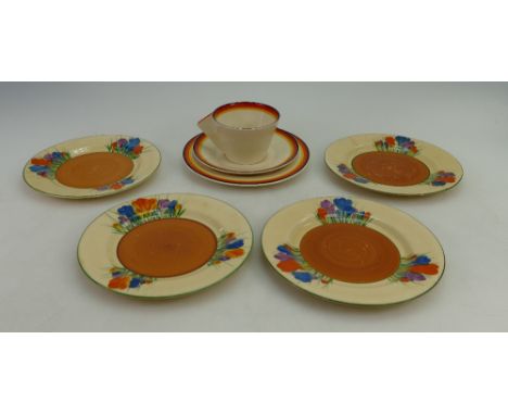 Clarice Cliff Wilkinson Bizarre trio decorated with orange, black & yellow bands and 4 Bizarre Newport Crocus plates  (7)
