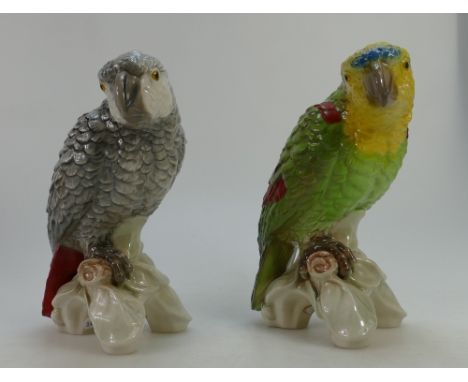 Goebel model of a parrot CV 79 in green colourway and a similar in grey colourway, height 22cm  (2)