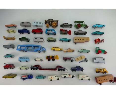 A collection of Lesney Moko series cars including steam engines, Lomas ford zodiac convertible, American ford station wagon, 