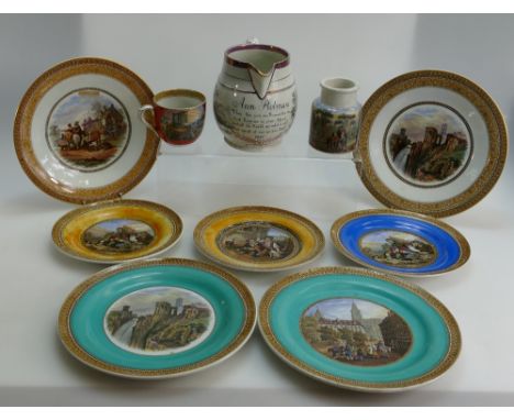 A collection of Prattware plates together with similar Vase, Cup and Water Jug with Anne Robinson Verse (10)