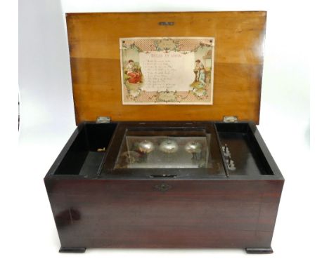 19th century Swiss musical music box in inlaid rosewood case, playing 10 tunes with butterfly strikers and flower trimmed bel