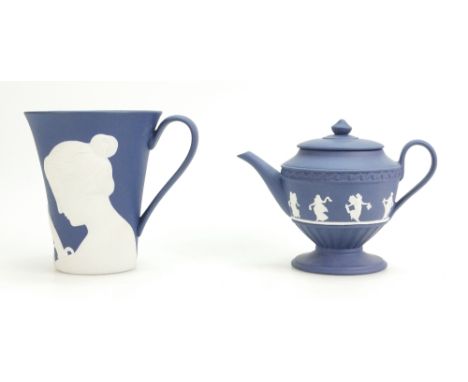 Wedgwood dark Royal Blue jasperware unusual tankard decorated with lady & harp and small teapot, tallest height 11cm  (2)