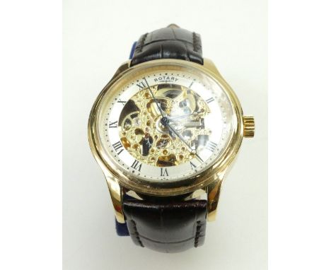 Rotary automatic skeleton gents wristwatch with leather strap, with paperwork in original box