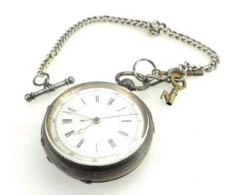 Silver chronograph pocket watch and chain