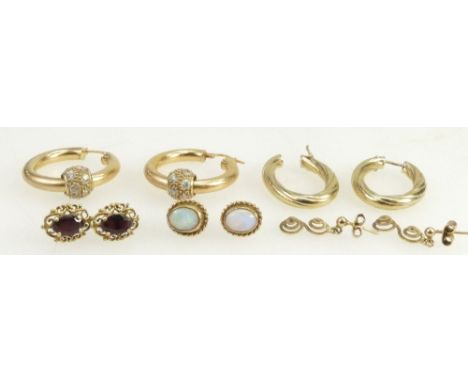 A collection of pairs of  9ct gold earrings including opal, garnets etc (13.1g)  (10)