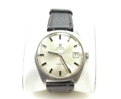 Vintage Gents Omega Geneve automatic steel wristwatch with leather strap