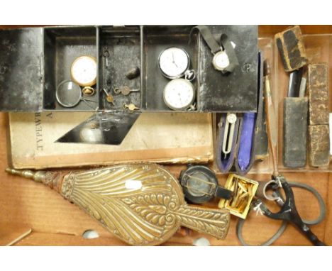 A collection of items to include old pocket watches, compass, pen nibs, cut throat razors etc