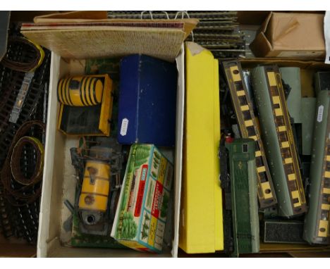 A collection of Hornby toy trains, track and accessories including engine and tenders, Meccano clockwork motor etc
