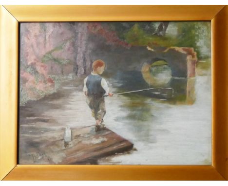 R Dean, oil painting on canvass of boy fishing in gilt frame, overall size 46 x 38cm