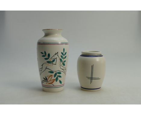 Poole Pottery studio vases, Leaping Deer design and Stylised Sailing Boat design signed K Brown limited edition (2) tallest h