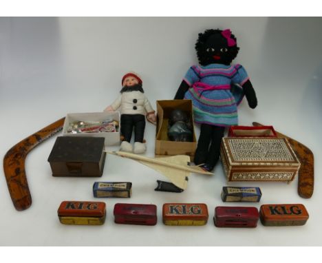 A collection of vintage items including model of Concorde, 2 boomerangs, quantity boxed Lucas spark plugs, dolls, tins etc