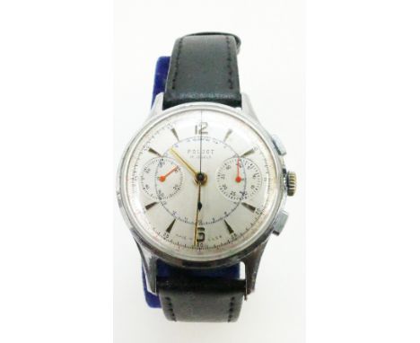 Vintage Polgot Russian pilots wristwatch with leather strap, steel case with two subsidiary dials, made in USSR