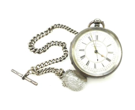 Silver large chronograph pocket watch and Albert watch chain together with George III 1791 silver coin mounted