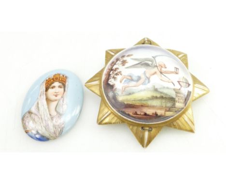 Porcelain star plaque hand painted "Tempus est Nemo" and oval porcelain portrait plaque of Josephine  (2)