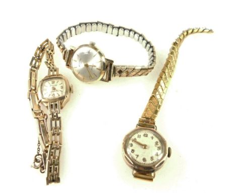 9ct gold ladies Accurist wristwatch with 9ct bracelet (total weight 13.6), Rotary 9ct ladies watch with plated strap and anot
