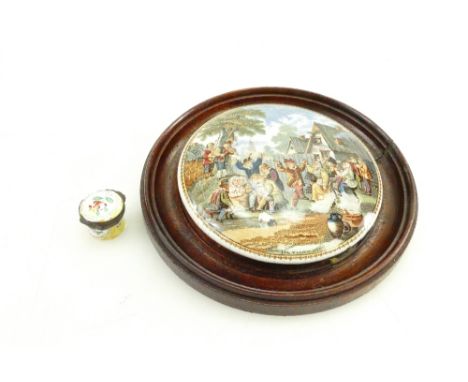 19th century Prattware pot lid "The Village Wedding" mounted in oak frame and an early enamelled miniature patch pot (2)