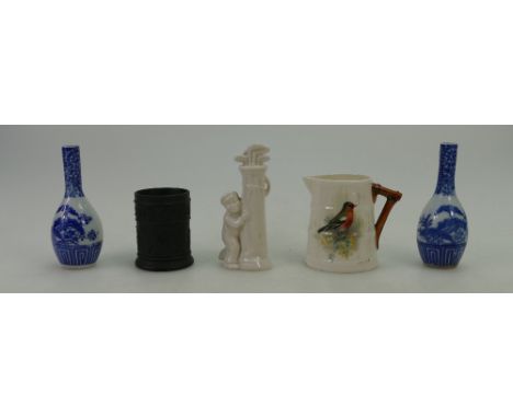 A collection of miniature items including Royal Worcester hand painted jug by Powell, Wedgwood black basalt vase, china comic