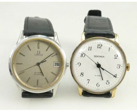 Gents Omega De Ville stainless steel quartz wristwatch with leather strap (not working) and Gents Sekonda USSR manual wristwa