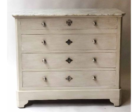 COMMODE, mid 19th century French traditionally grey painted and silvered metal mounted with four long drawers and Carrara mar