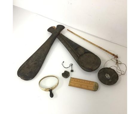 A Roman style scale with bone beam and train travelling case together with a magnifying glass with bone frame and a wooden ru