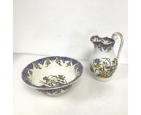 A mid 19thc Copeland &amp; Garrett wash basin and ewer, in polychrome New Blanche pattern (chip to rim of ewer and some disco