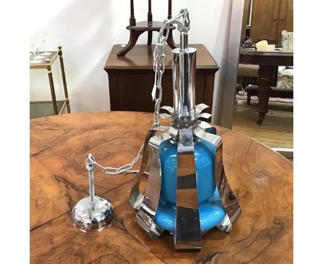 A 1970s pendant light, with blue glass shade within a chrome frame (46cm x 22cm excluding chain)
