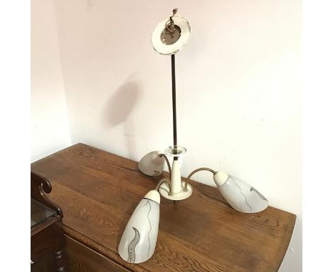 A mid century hanging light, with three cone shaped opaque glass shades, with wave decoration (60cm x 52cm)