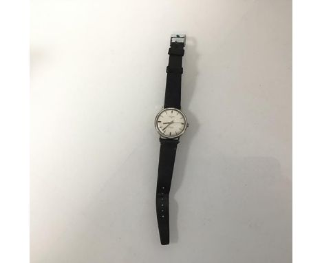 A gentleman's vintage Rotary stainless steel wristwatch, with silvered dial and baton hour markers, on black leather strap, i