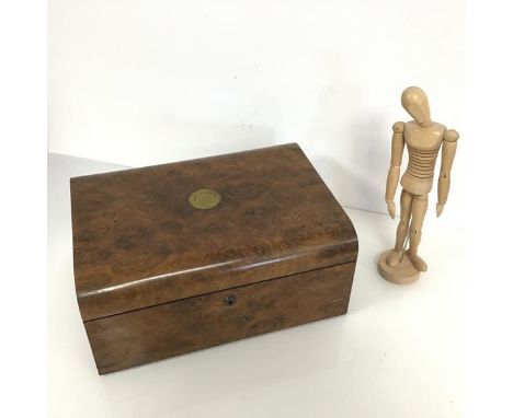 A 19thc. burr walnut writing box, the hinged lid with circular brass plaque inscribed Isabella Hiddleston September 26th 1877