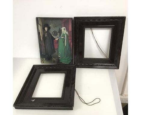 A reproduction print, Van Eyck's The Arnolfini portrait, on panel (36cm x 26cm) together with two frames (3)