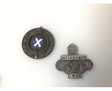 Olympic interest: a 1956 Melbourne Olympics car badge (9cm x 10cm), with manufacturers stamp verso and a Royal Scottish Autom