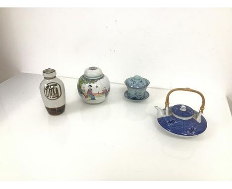 A Chinese ginger jar depicting a mother with children in garden, circular red seal mark to base, together with a teapot, tea 