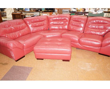 Very good quality leather curve sofa and footstool, width 376cm 