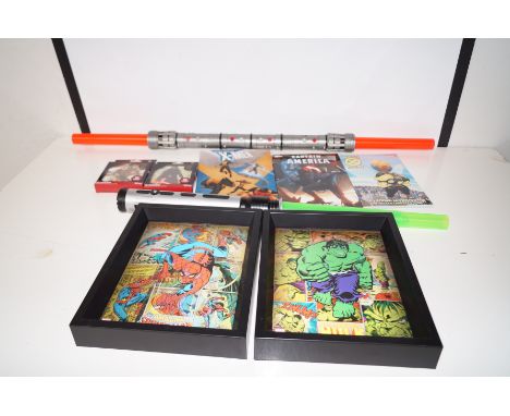 Star Wars 3D posters, Three Marvel books, two Marvel holograms, also two Light Sabres 