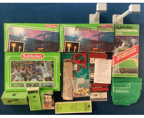 Subbuteo Collection. 3 Boxed Pitches. Black Bag 1/4 Full of Goals, Figurines etc and Floodlighting. Signs of Age Present. Goo