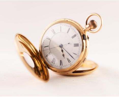 LATE VICTORIAN 18ct GOLD DEMI-HUNTER CENTRE SECONDS CHRONOGRAPH, with keyless movement, white roman dial, plain four-part cas