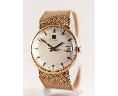 GENTS TISSOT SWISS 9ct GOLD BRACELET WATCH with mechanised movement, the circular silvered dial with baton, date aperture and