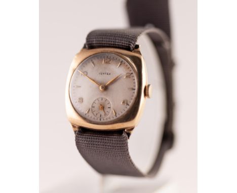 GENT'S VERTEX REVUE 9ct GOLD VINTAGE WRIST WATCH, with 15 jewels movement, the circular silvered arabic dial with numerals an
