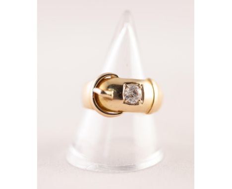 GENT'S EDWARDIAN, HEAVY 18ct GOLD BUCKLE PATTERN RING, the top set with an old cut solitaire diamond, approximately .30ct, Ch
