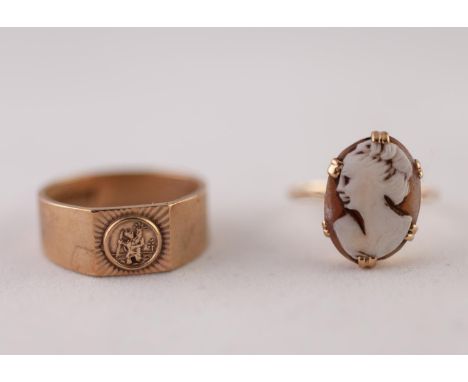 9ct GOLD ST. CHRISTOPHER RING, ring size S and A CAMEO RING, stamped '9CT', ring size M1/2, 7.82g gross (2) Good condition, c