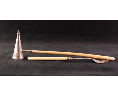 MODERN SILVER CANDLE SNUFFER, of conical form with turned finial and long blackwood handle, Birmingham 1992 and a JAMES DIXON