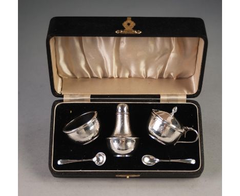 A PRE WAR CASED SILVER CONDIMENT SET, with engine turned borders, Birmingham 1935