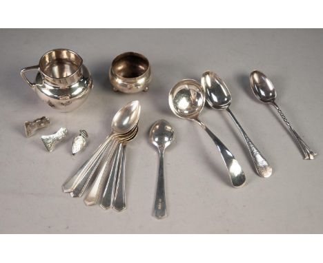 A SET OF SIX TWENTIETH CENTURY SILVER TEASPOONS, Sheffield 1946, TWO ODD DITTO, ALSO A SMALL SILVER CREAM JUG, London 1912, a