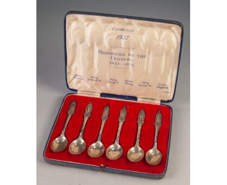 BOXED SET OF SIX SILVER CORONATION 1937 COMMEMORATIVE SPOONS 'Monarchs of the Century 1837-1937', each finial struck with fig