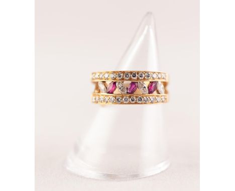 18ct GOLD, RUBY AND DIAMOND HALF HOOP RING, the top of the ring split into two strands each strand set with a row of thirteen