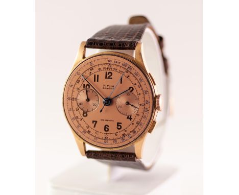 GENT'S TITUS, GENEVE, 18ct GOLD VINTAGE CHRONOGRAPH WRISTWATCH with mechnical movement, gold coloured circular Arabic dial wi