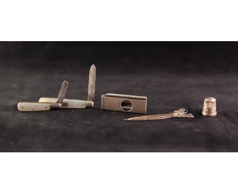 SILVER ENGINE TURNED CIGAR CUTTER, Birmingham 1968, a SILVER AND MOTHER O'PEARL CLASP FREUIT KNIFE, ANOTHER SMALLER, A SILVER