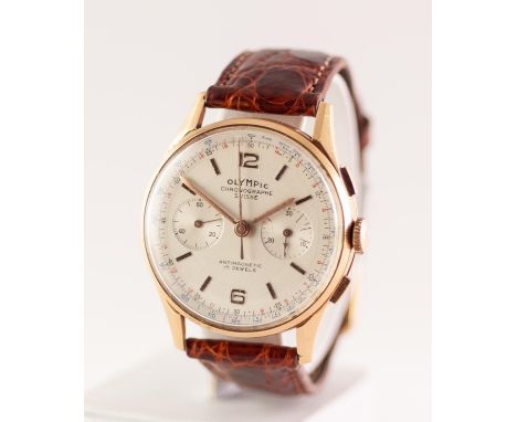 GENT'S OLYMPIC CHRONOGRAPH SWISS 18ct GOLD WRISTWATCH with two Arabic numerals and baton, centre seconds hand and two subsidi