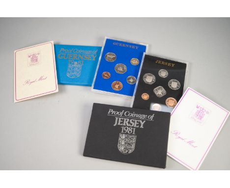 ROYAL MINT 'PROOF COINAGE OF JERSEY 1981' SEVEN COINS, 1/2 penny to £1 and another 'PROOF COINAGE OF GUERNSEY 1981' six coins