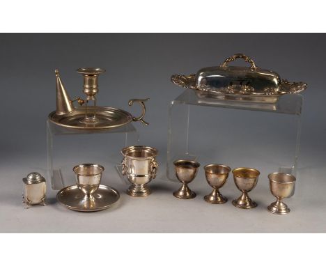 ELECTROPLATED BUTTER DISH AND COVER, of rounded oblong form with scroll embossed border, together with a SET OF FOUR EGG CUPS